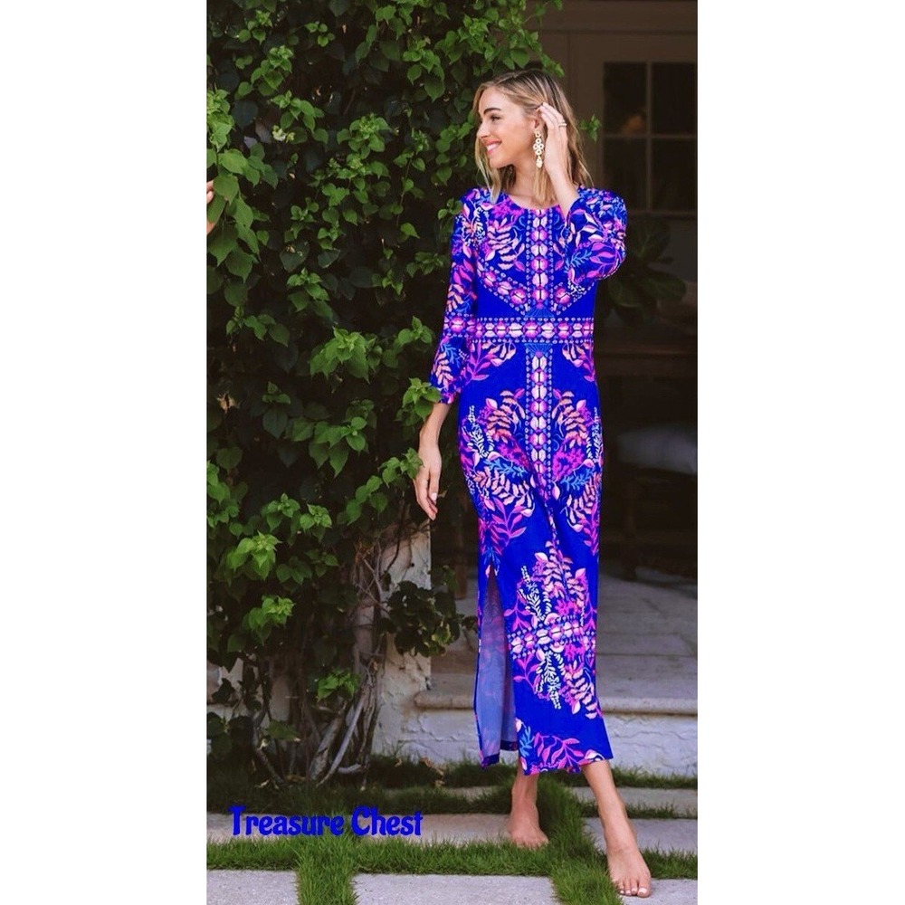 Lilly Pulitzer Pomona Maxi Dress Medium Bell Sleeve Blue Pink Side Slits $268